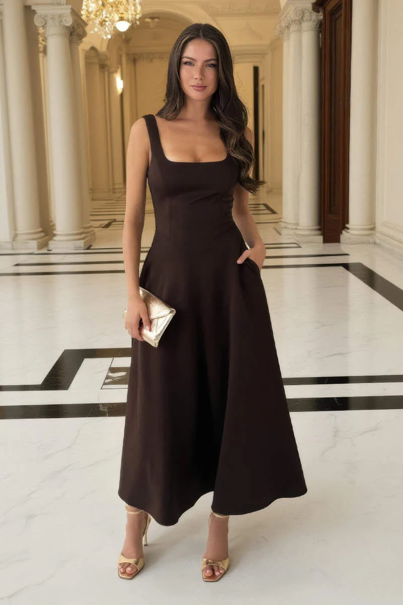 Chocolate Square Neck A-line Midi Dress - Image 2