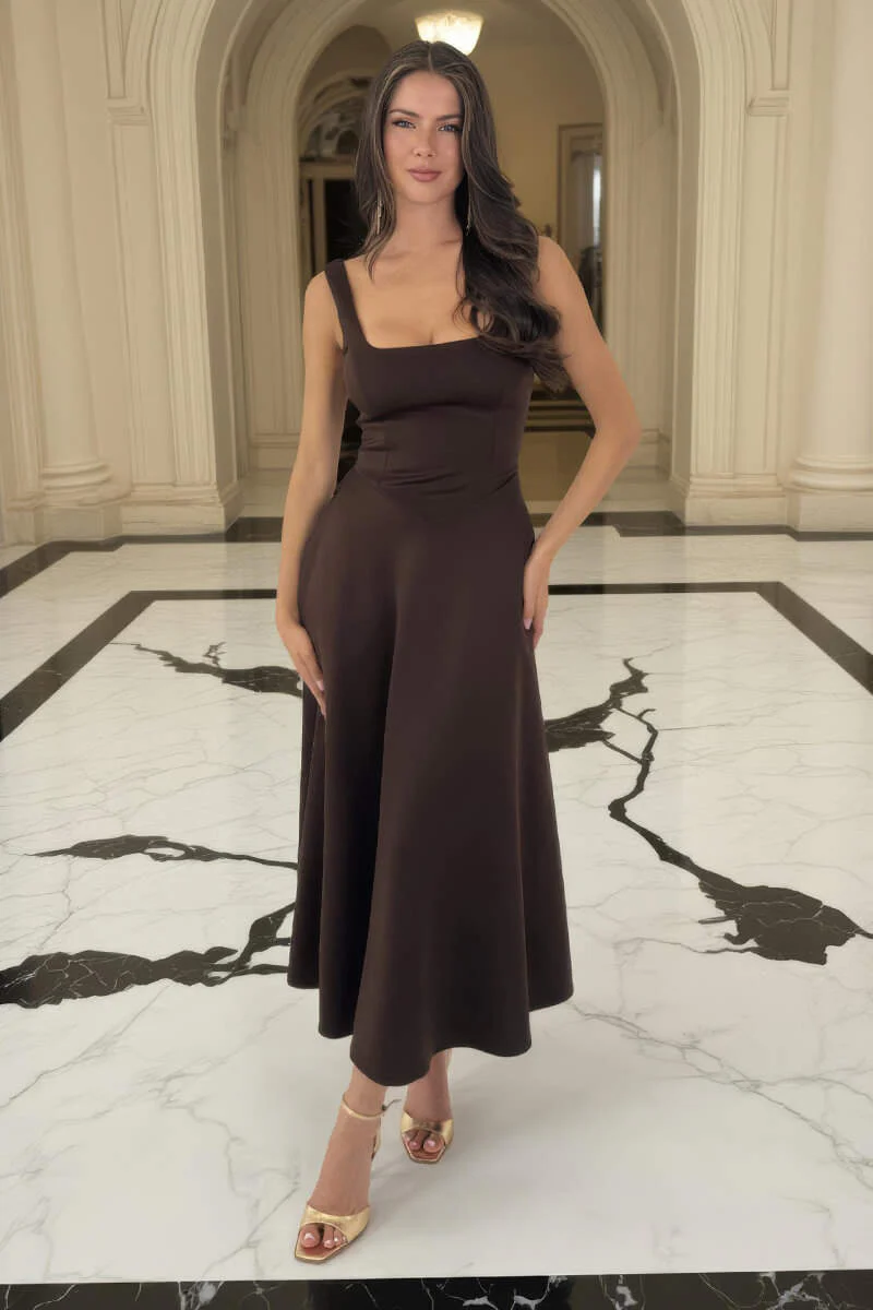 Chocolate Square Neck A-line Midi Dress - Image 3