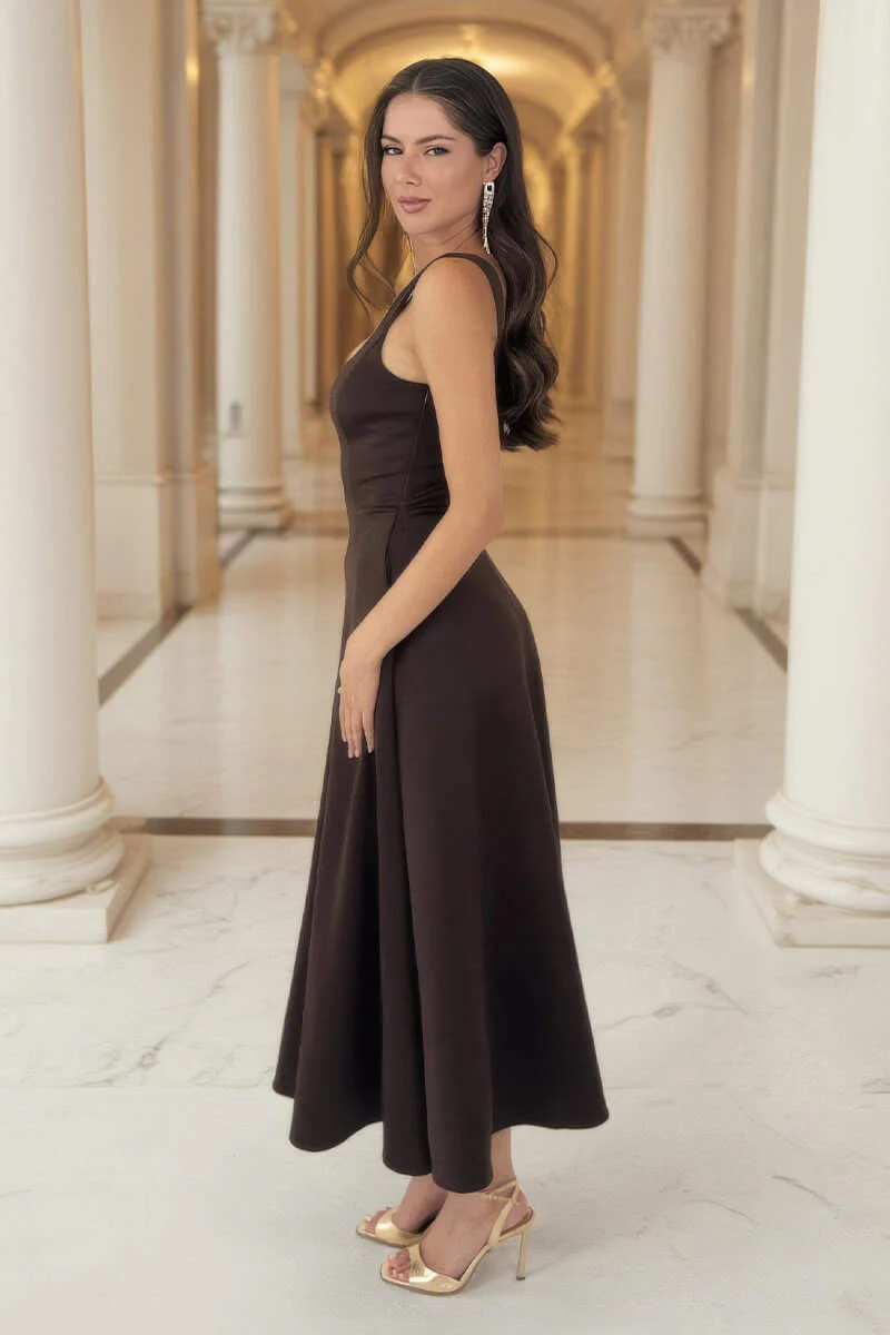 Chocolate Square Neck A-line Midi Dress - Image 4