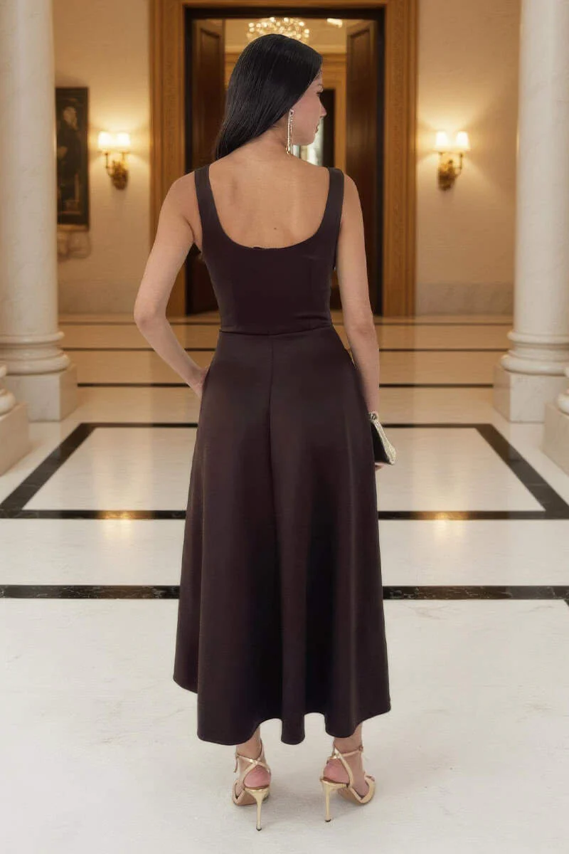 Chocolate Square Neck A-line Midi Dress - Image 5