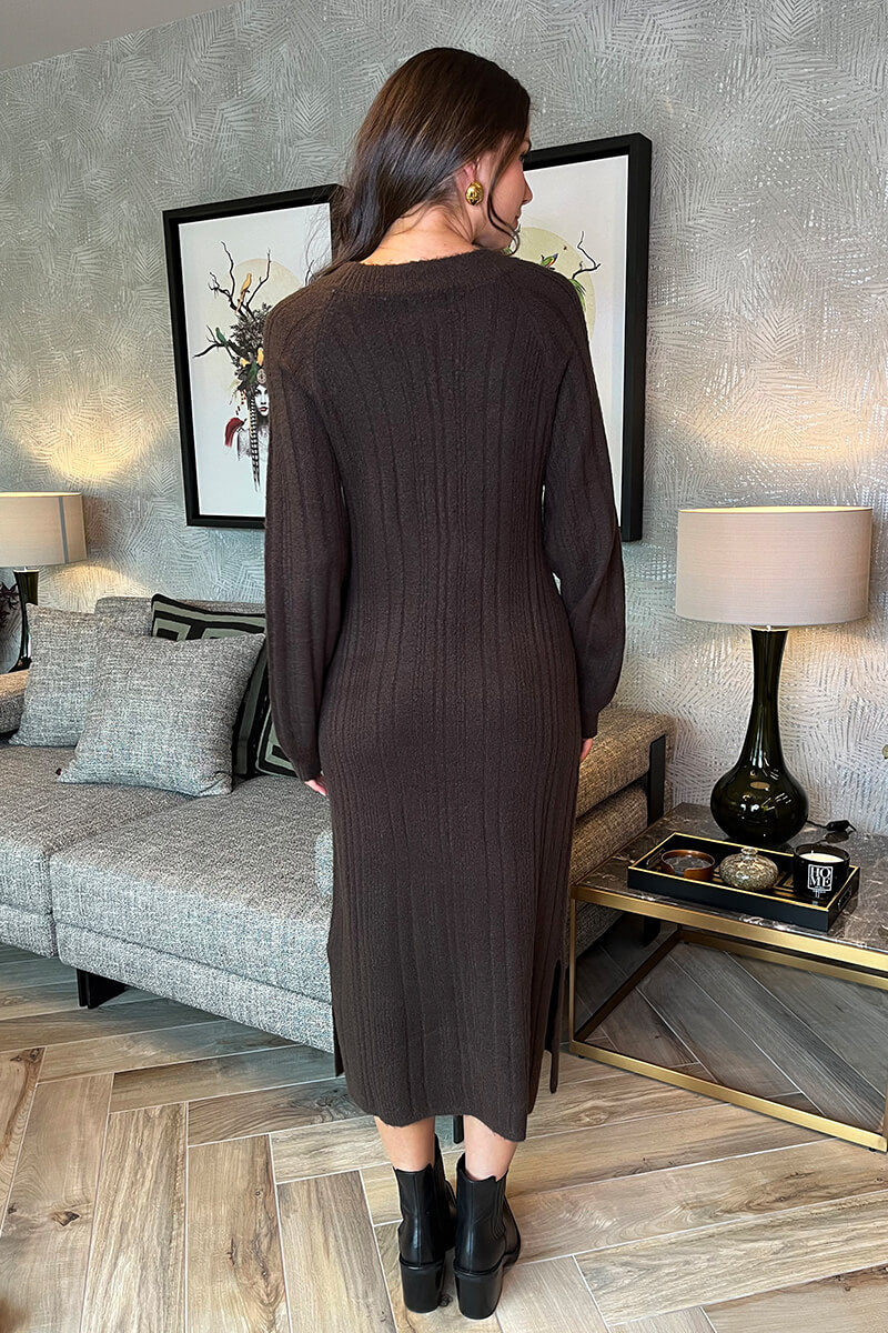 Chocolate V-Neck Knitted Midi Dress - Image 4