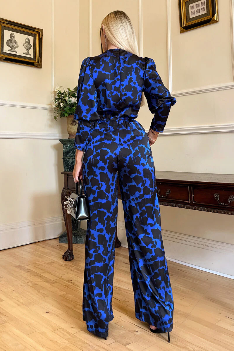 Cobalt and Black Print Wrap Top Jumpsuit - Image 4