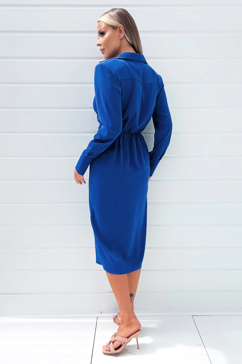 Cobalt Blue Long Sleeve Midi Dress With Shoulder Pads - Image 3