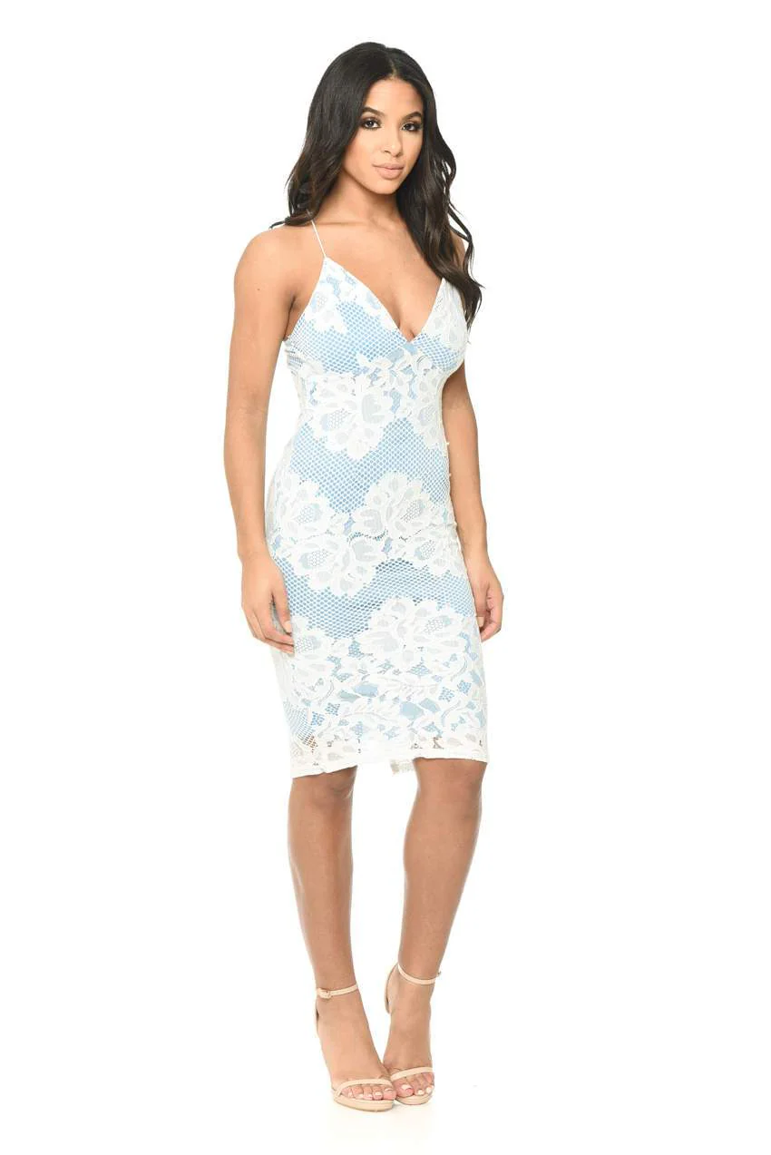 Contrast Blue Lace Bodycon Dress With Plunge Front - Image 3