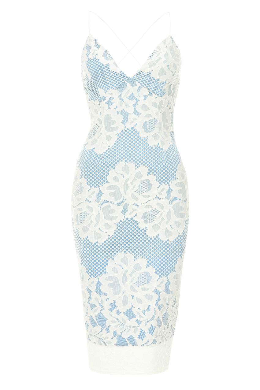 Contrast Blue Lace Bodycon Dress With Plunge Front - Image 5