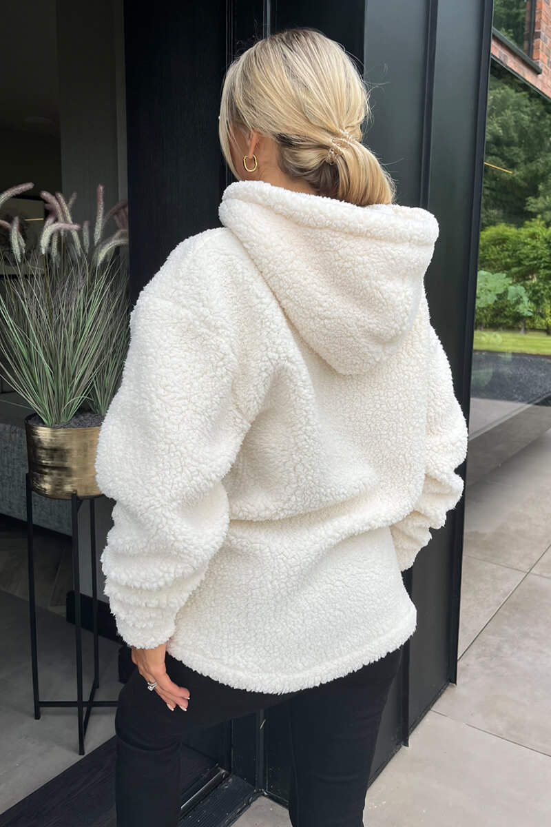 Cream 1/4 Zip Teddy Hoodie - Image 4