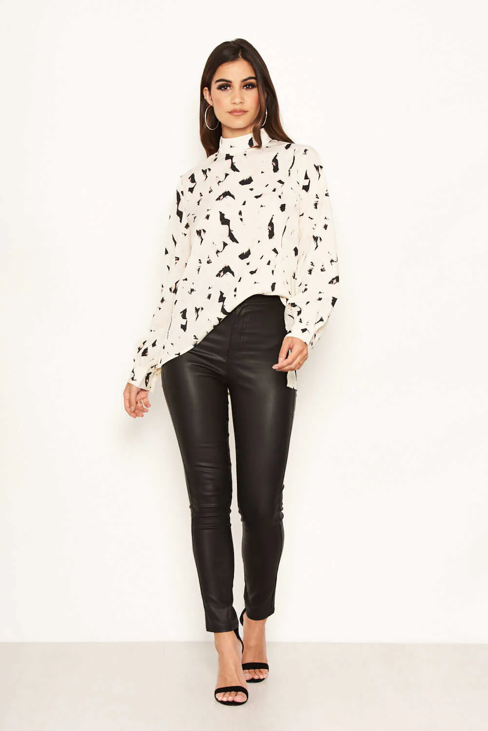Cream Abstract Print High Neck Top - Image 2