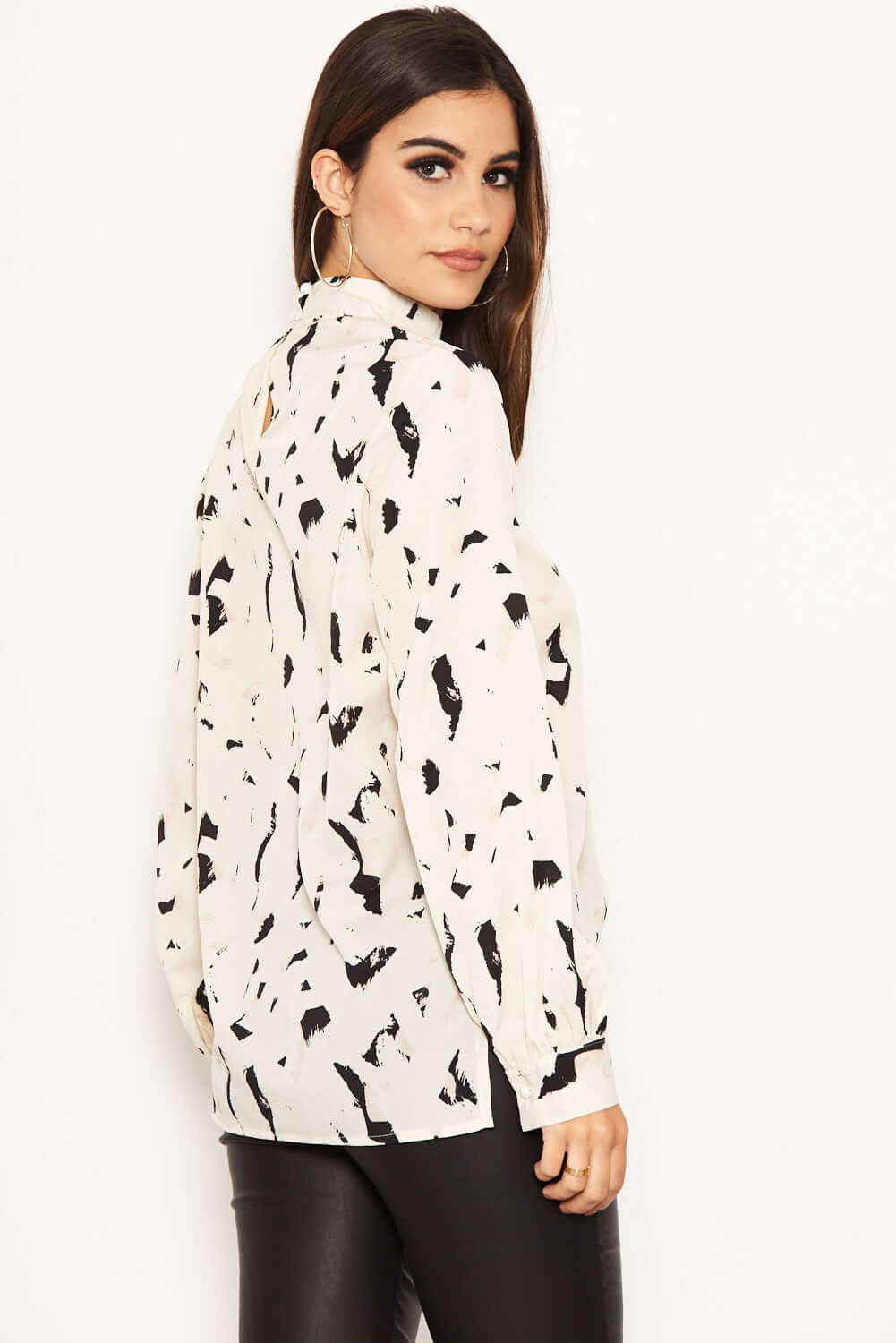 Cream Abstract Print High Neck Top - Image 3