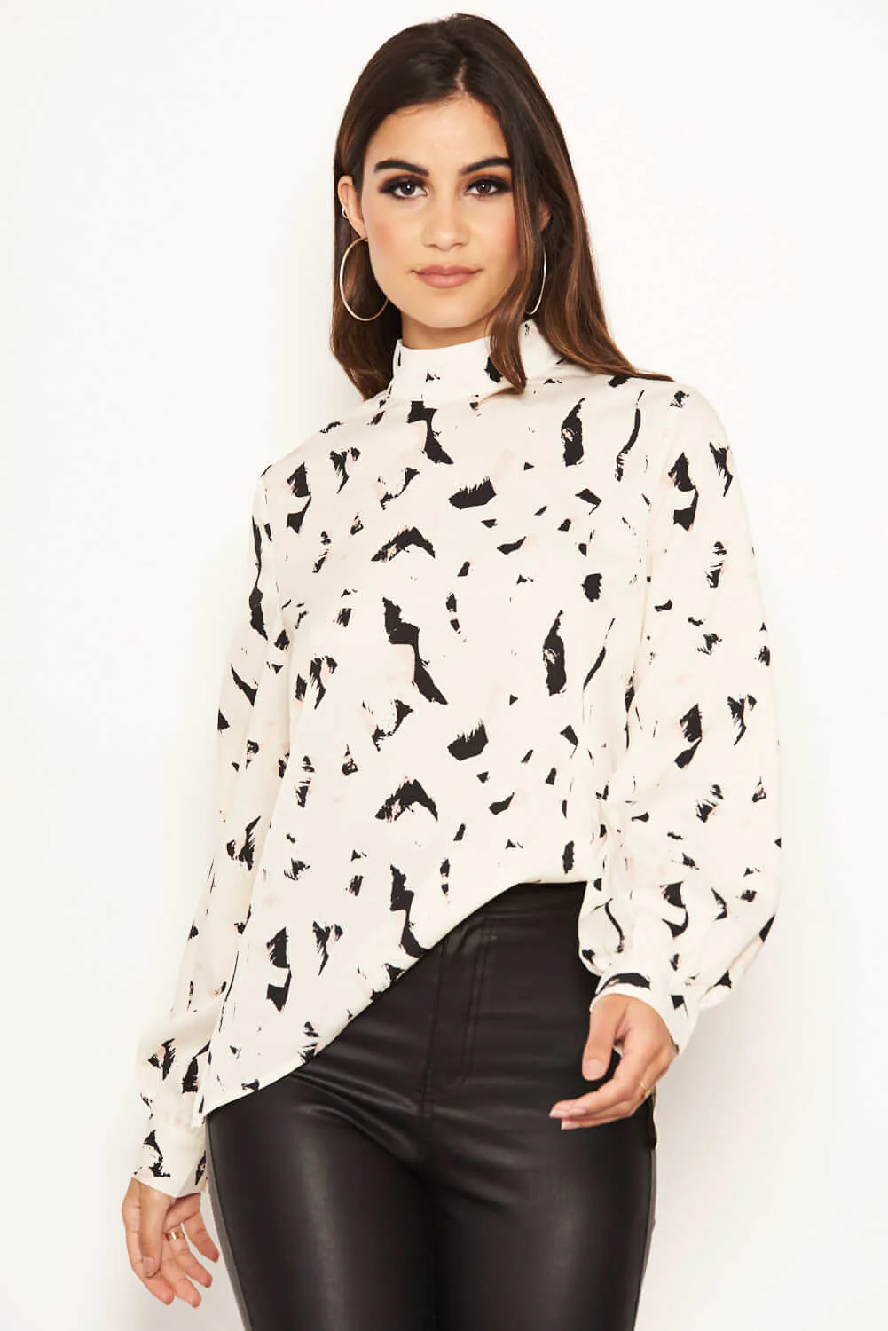 Cream Abstract Print High Neck Top - Image 4
