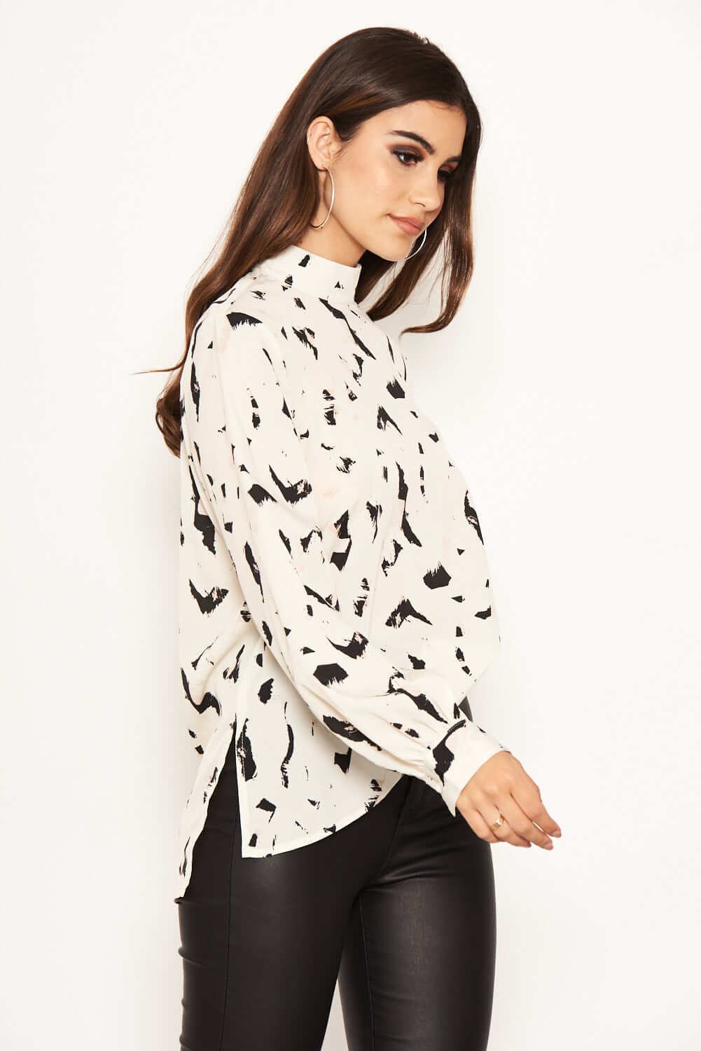 Cream Abstract Print High Neck Top - Image 5