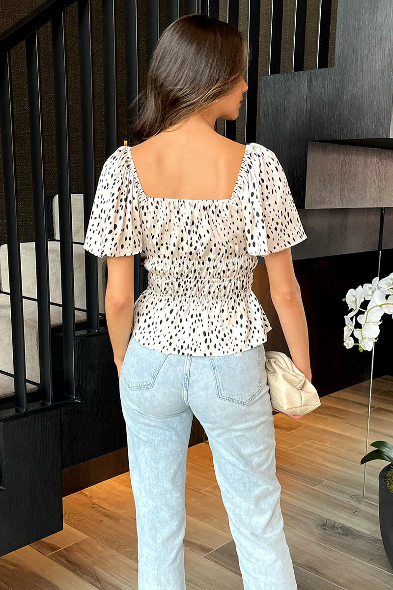 Cream And Black Spot Printed Flutter Sleeve Shirred Waist Top - Image 5