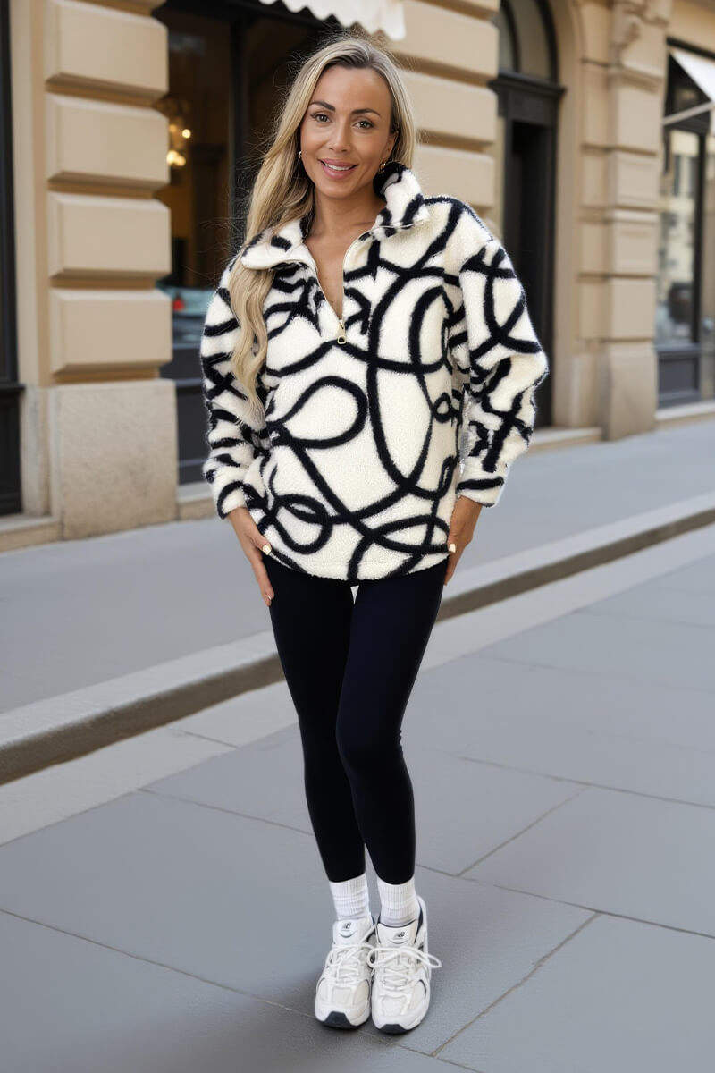 Cream And Black Swirl 1/4 Zip Teddy Sweatshirt - Image 2