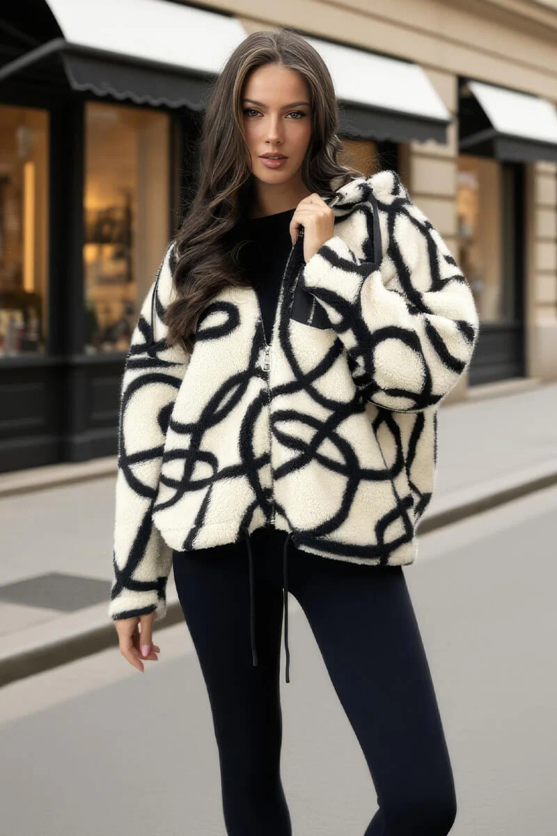 Cream And Black Swirl Pocket Detail Hooded Teddy Jacket - Image 3