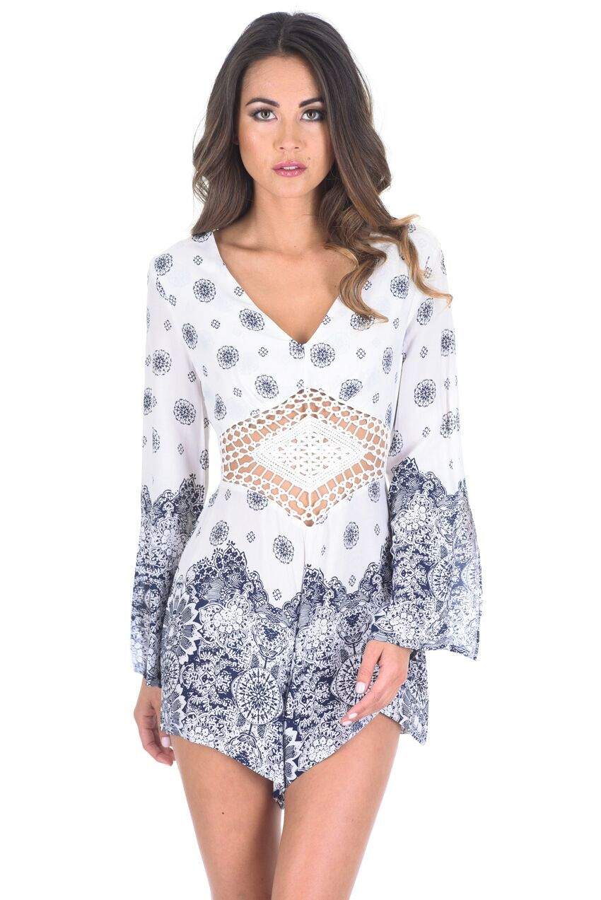 Cream and Blue Crochet Middle Playsuit - Image 2