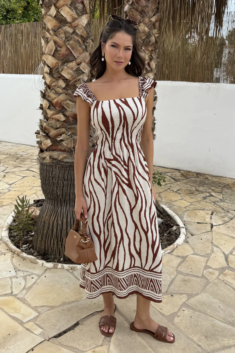 Cream And Brown Abstract Print Frill Strap Midi Dress - Image 2