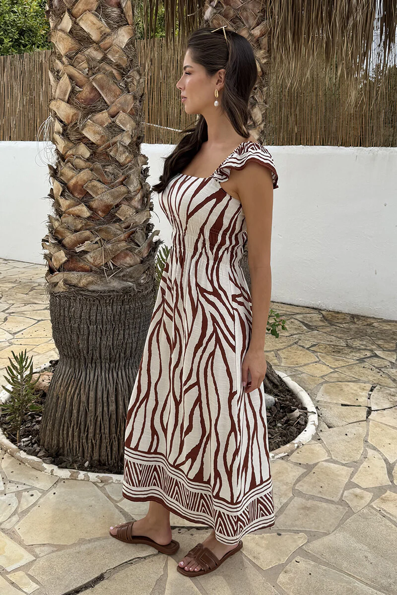 Cream And Brown Abstract Print Frill Strap Midi Dress - Image 5