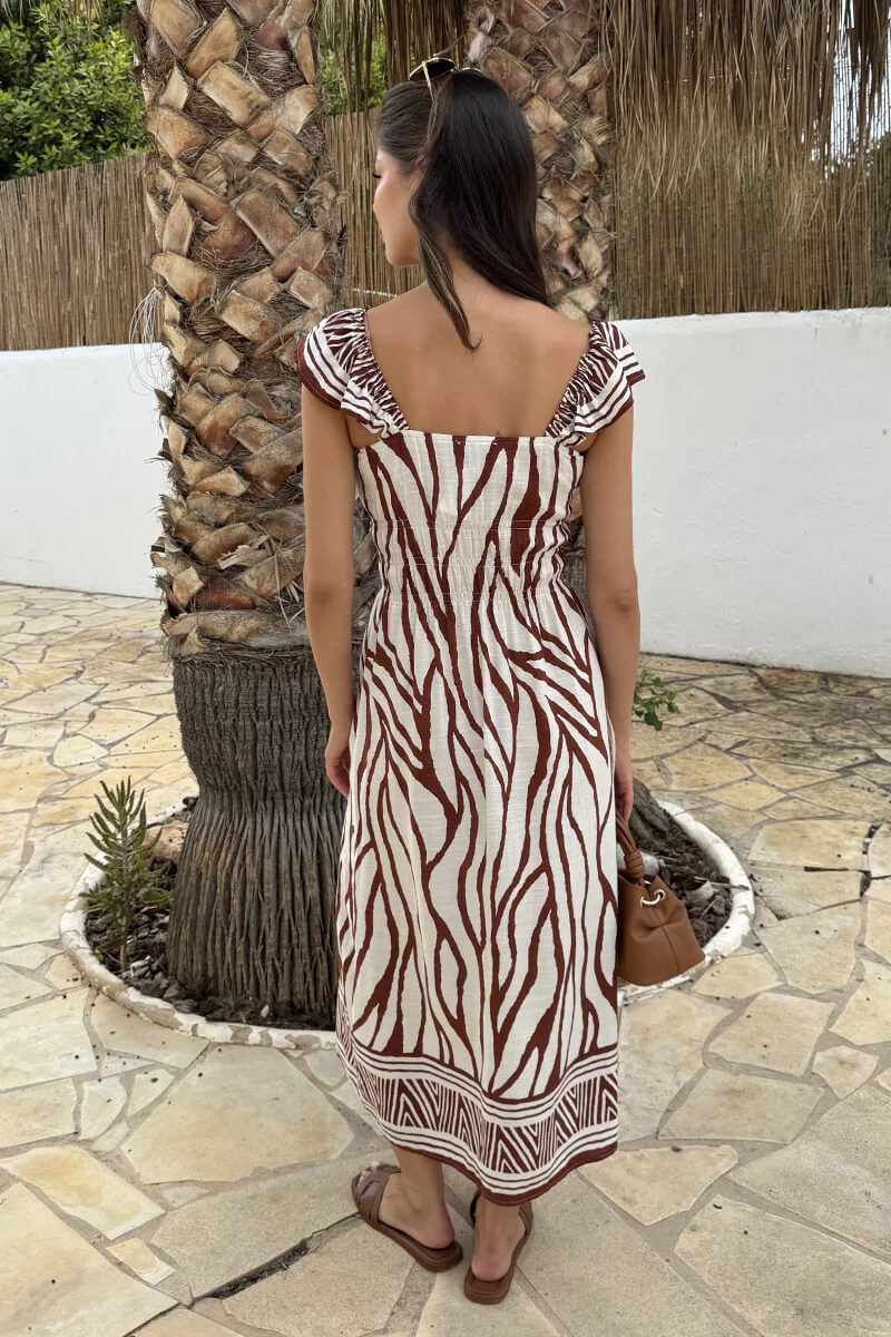 Cream And Brown Abstract Print Frill Strap Midi Dress - Image 6