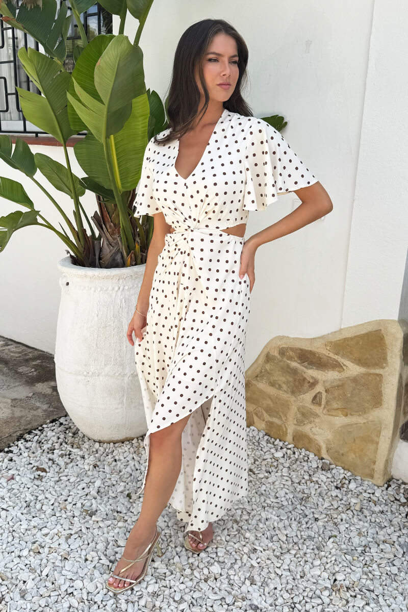 Cream And Brown Polka Dot Cut Out Knot Detail Midi Dress - Image 2