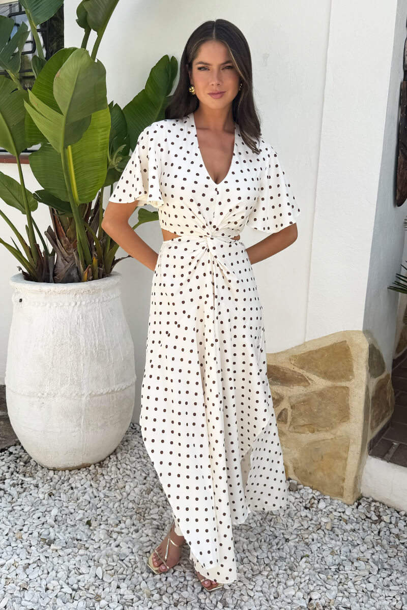 Cream And Brown Polka Dot Cut Out Knot Detail Midi Dress - Image 3