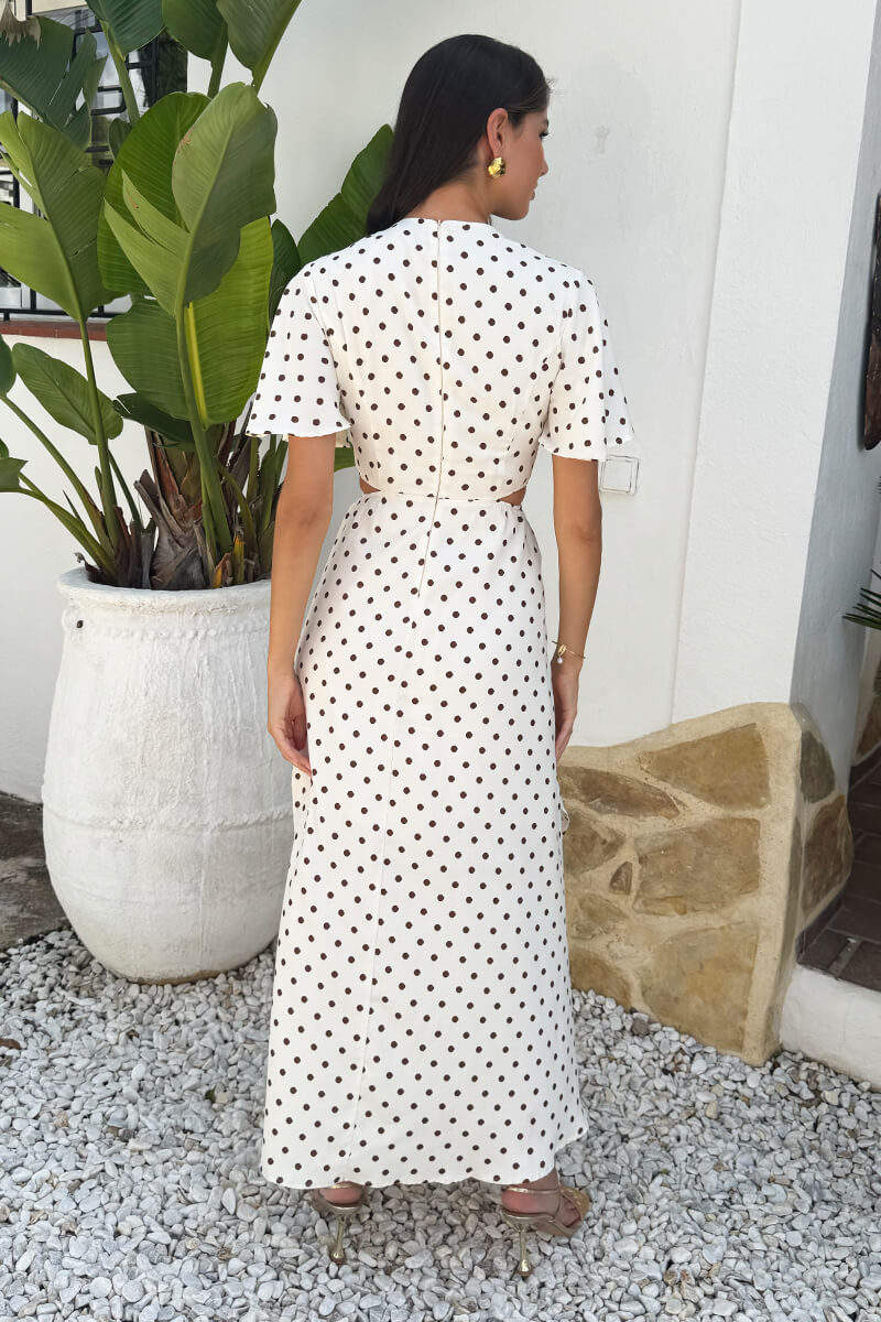 Cream And Brown Polka Dot Cut Out Knot Detail Midi Dress - Image 5