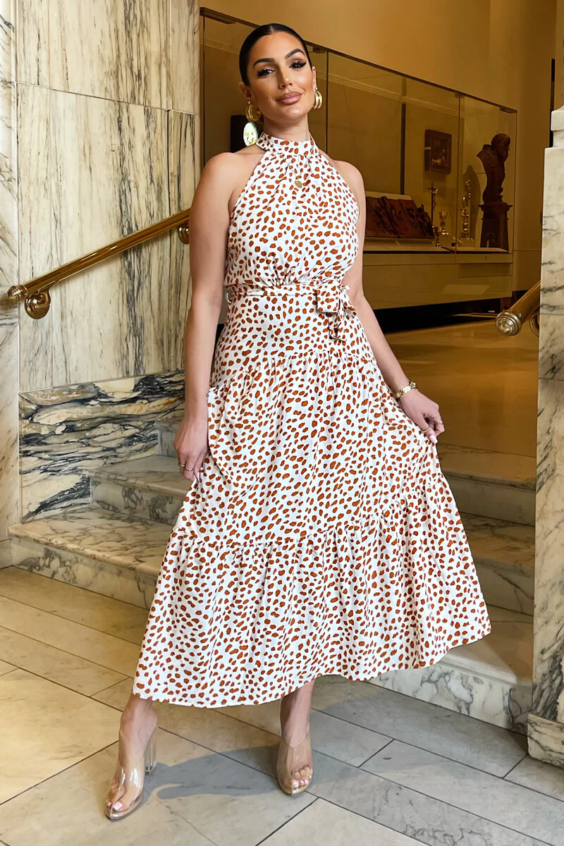 Cream And Brown Print High Neck Tie Belt Midi Dress - Image 2