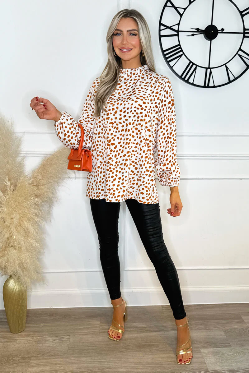 Cream And Brown Print Ruffle Neck Top - Image 4
