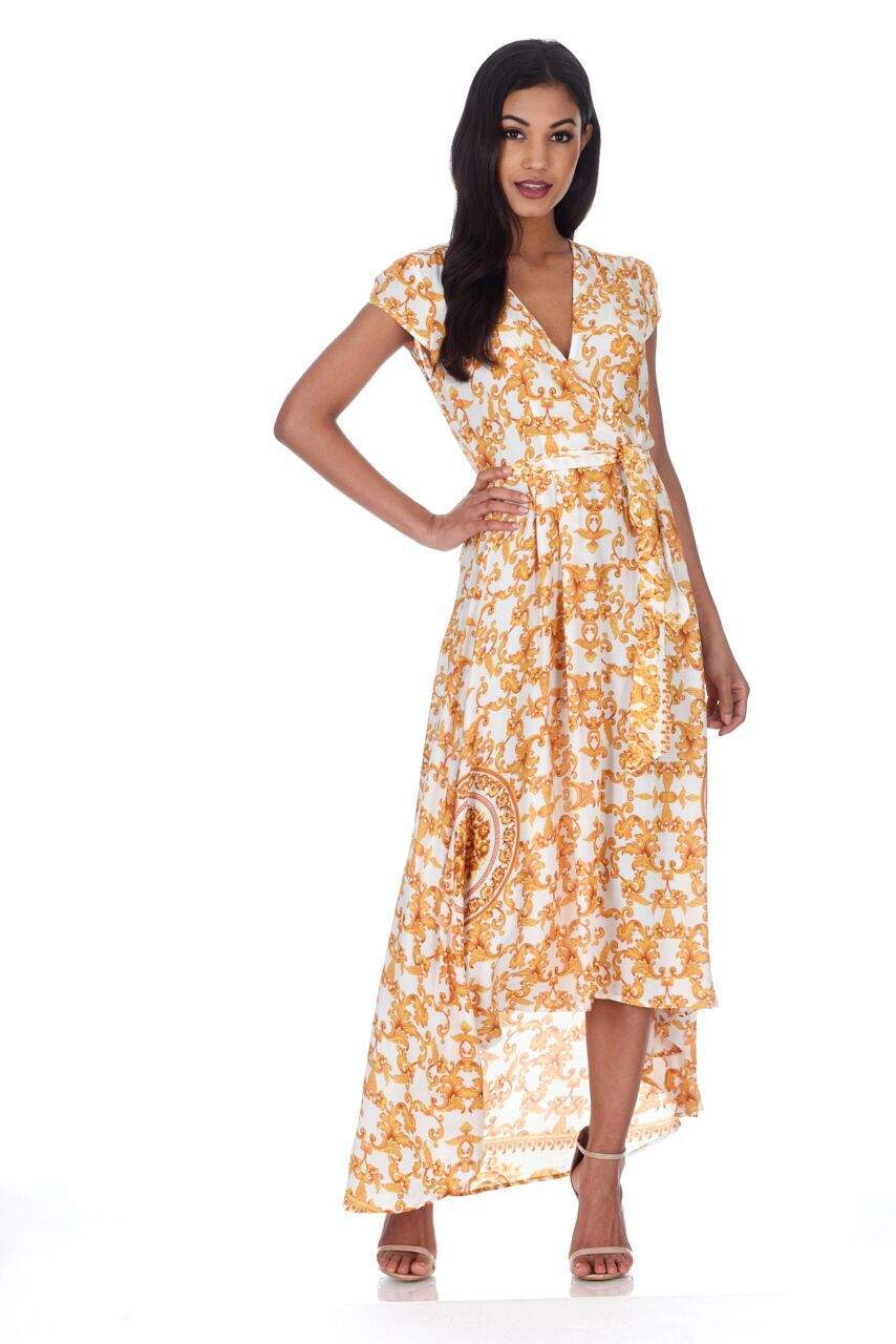 Cream And Gold Patterned Wrap Over V Neck Dress - Image 2