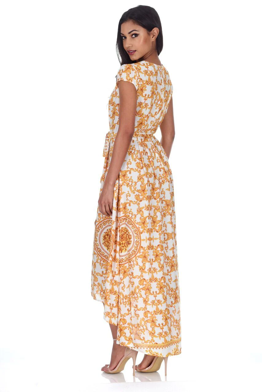 Cream And Gold Patterned Wrap Over V Neck Dress - Image 3