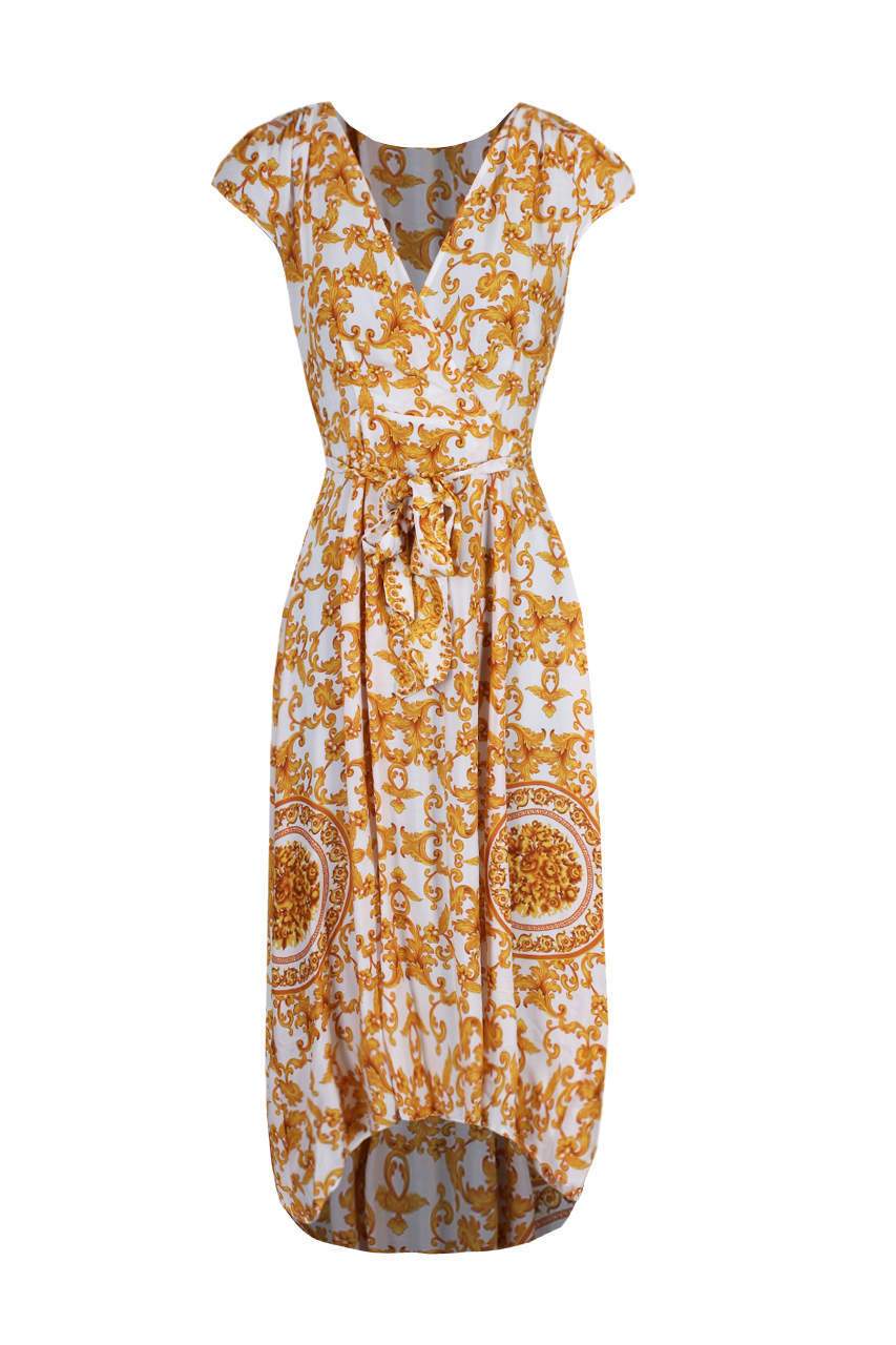 Cream And Gold Patterned Wrap Over V Neck Dress - Image 4