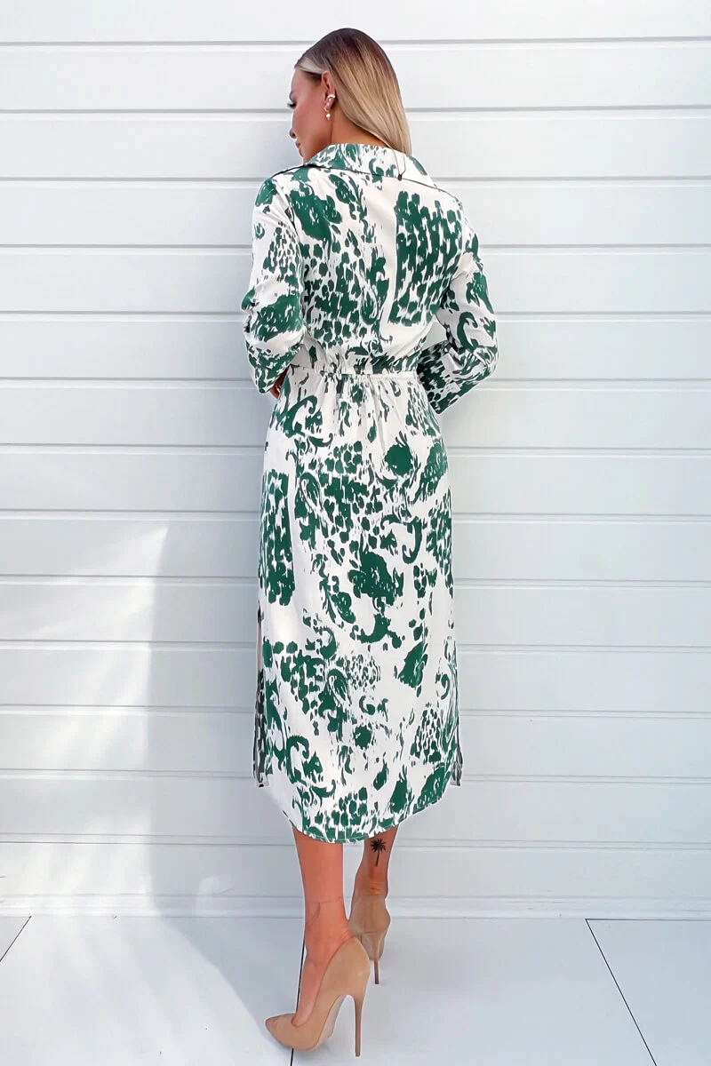 Cream And Green Printed Button Up Top Midi Dress - Image 4