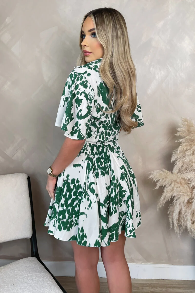 Cream And Green Printed Tie Waist Short Sleeve Button Up Mini Skater Dress - Image 4