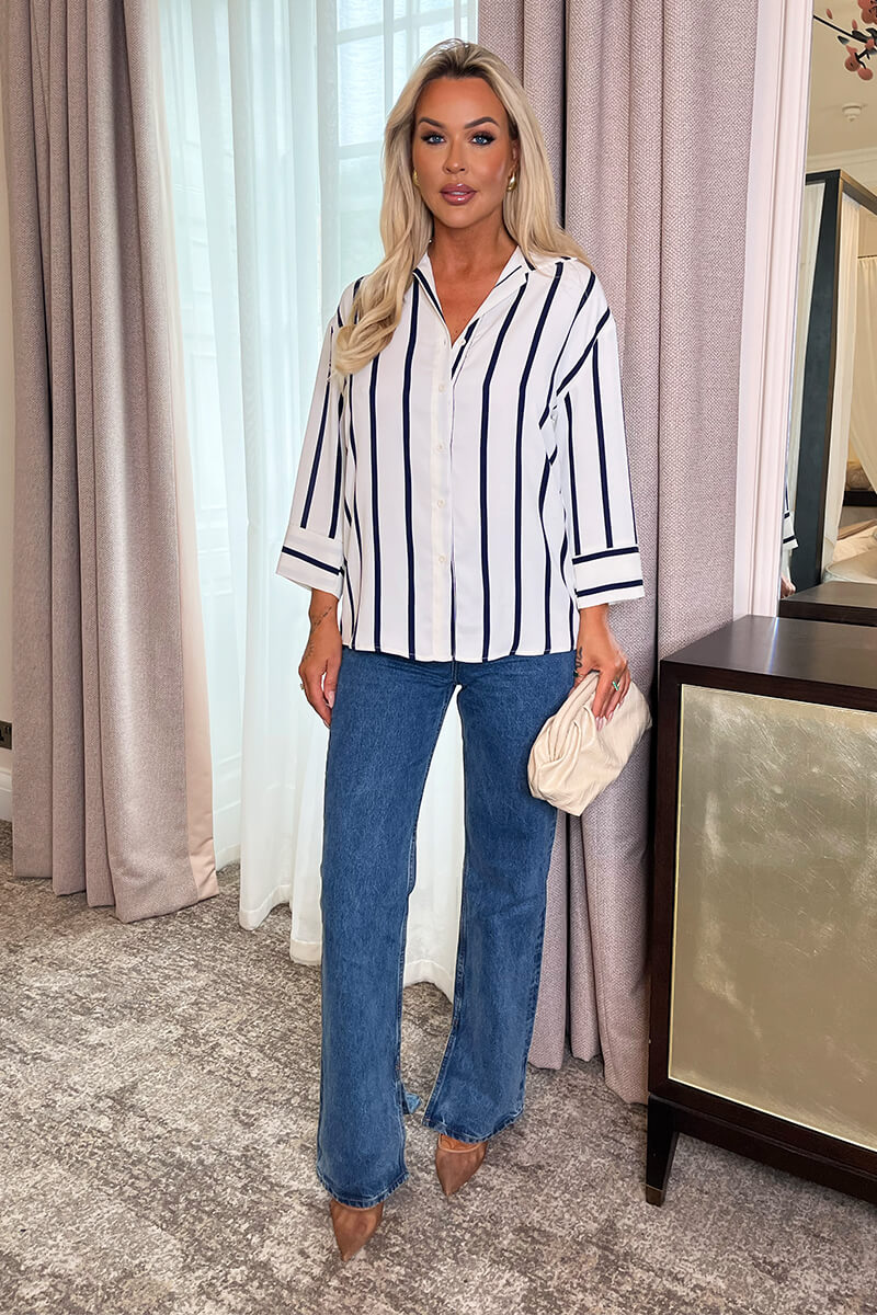 Cream And Navy Striped 3/4 Sleeve Shirt - Image 2