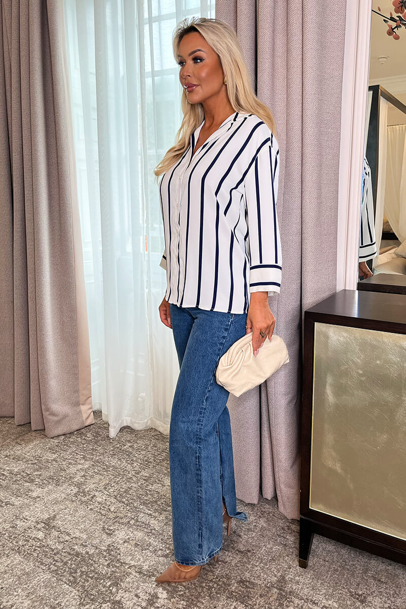 Cream And Navy Striped 3/4 Sleeve Shirt - Image 4