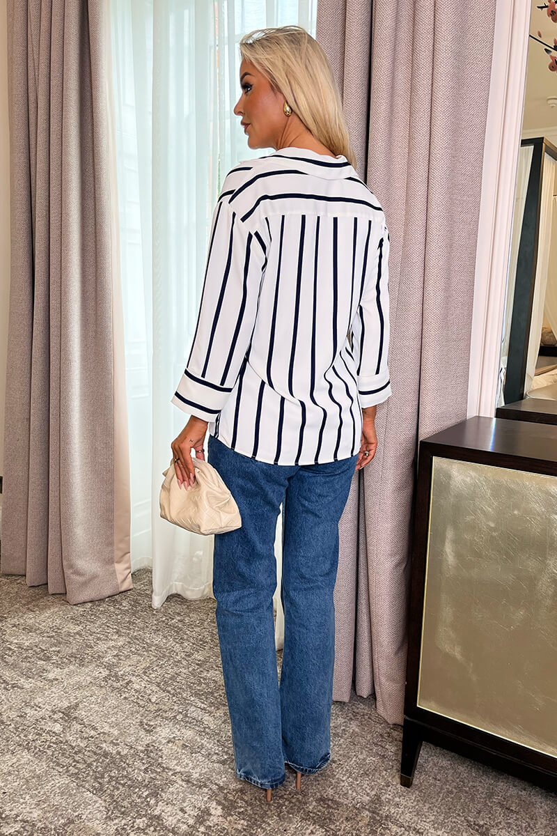 Cream And Navy Striped 3/4 Sleeve Shirt - Image 5