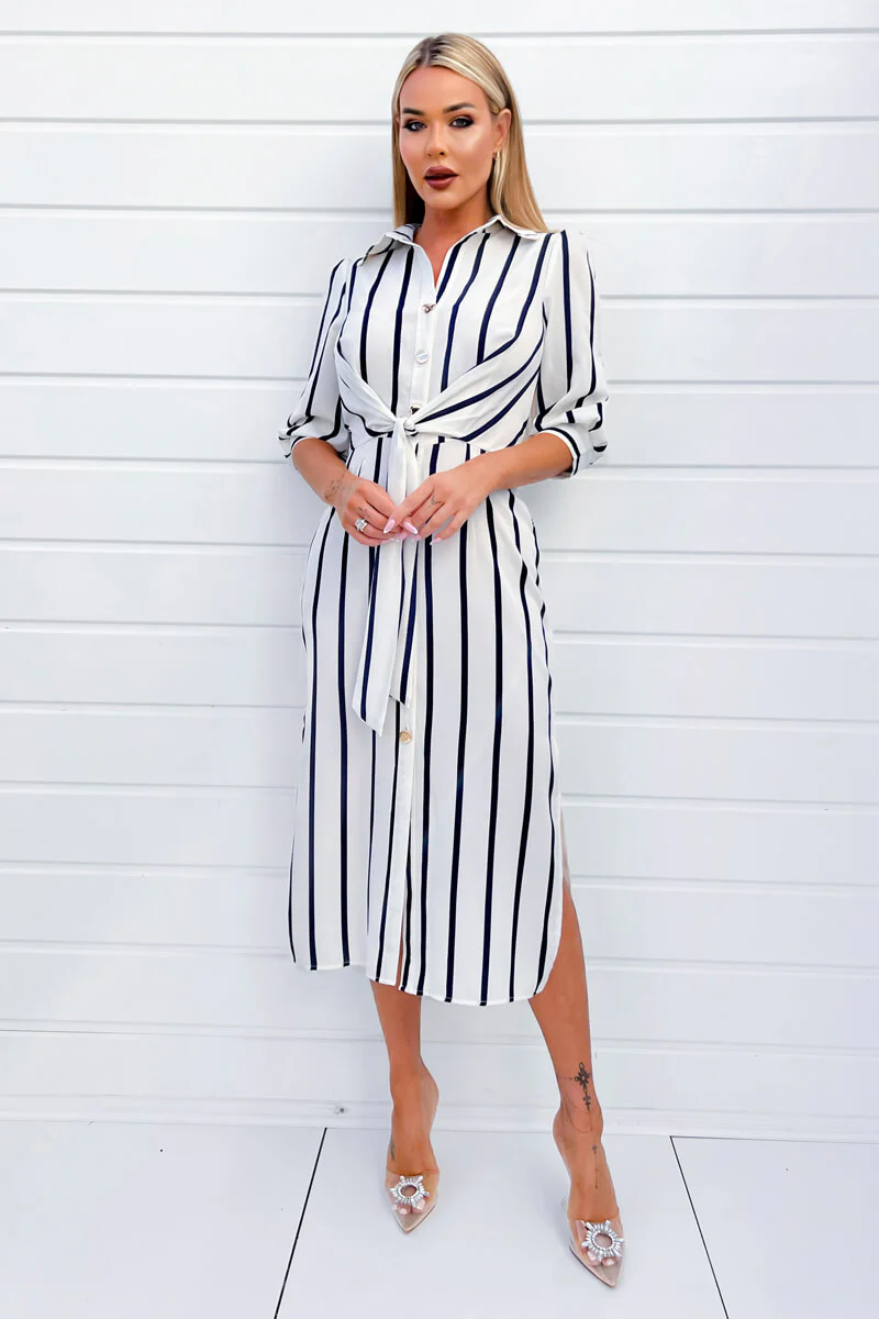 Cream And Navy Striped Button Up 3/4 Sleeve Midi Dress - Image 2