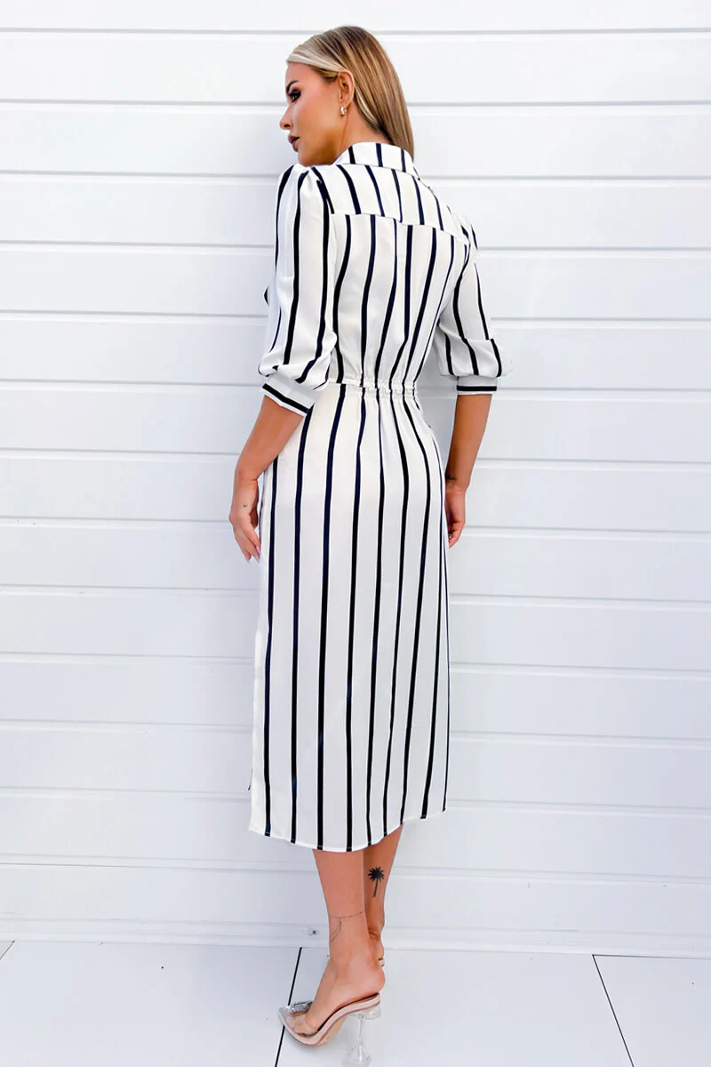 Cream And Navy Striped Button Up 3/4 Sleeve Midi Dress - Image 4