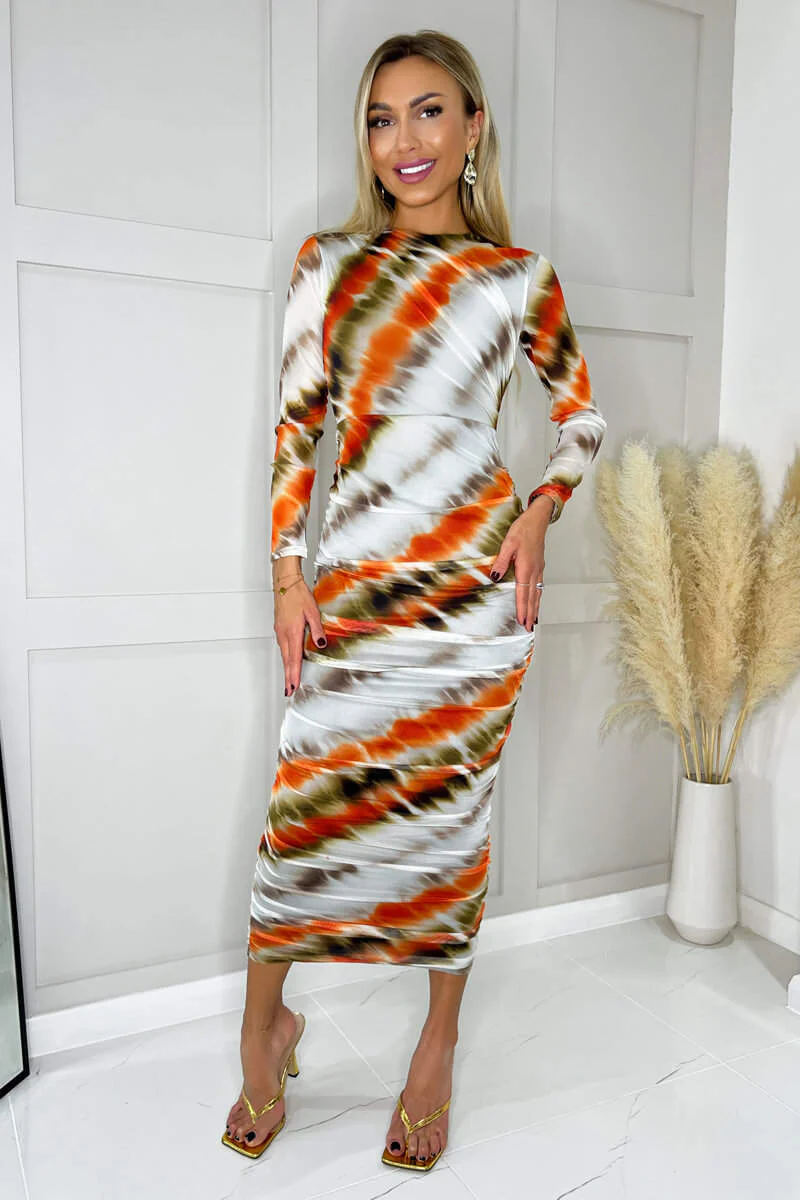 Cream And Orange Abstract Print Mesh Long Sleeve Bodycon Midi Dress - Image 3