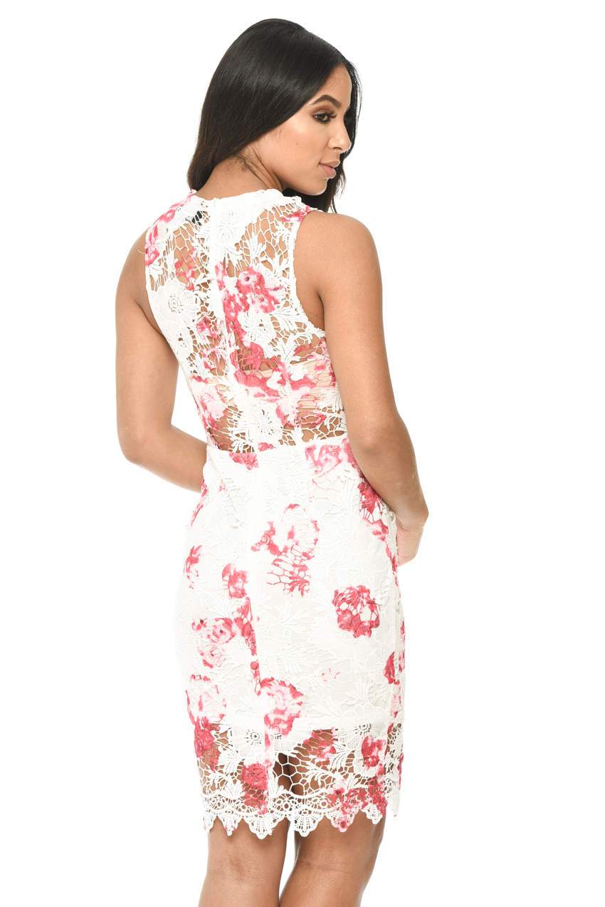 Cream and Pink Floral Lace Bodycon Dress - Image 3