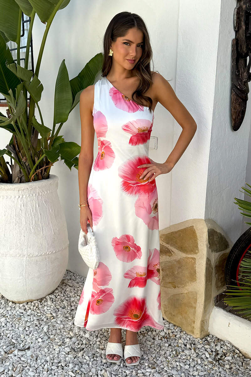 Cream And Pink Floral Print One Shoulder Open Back Twist Detail Midi Dress - Image 3