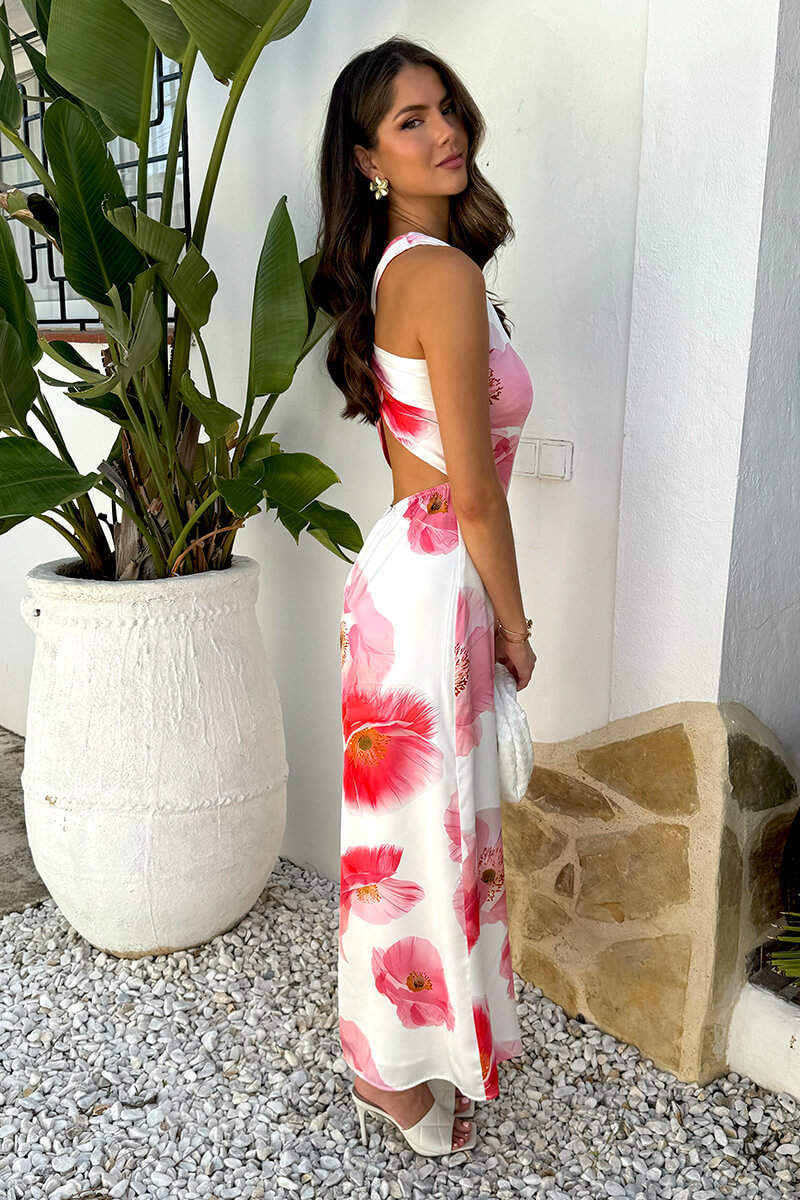 Cream And Pink Floral Print One Shoulder Open Back Twist Detail Midi Dress - Image 4