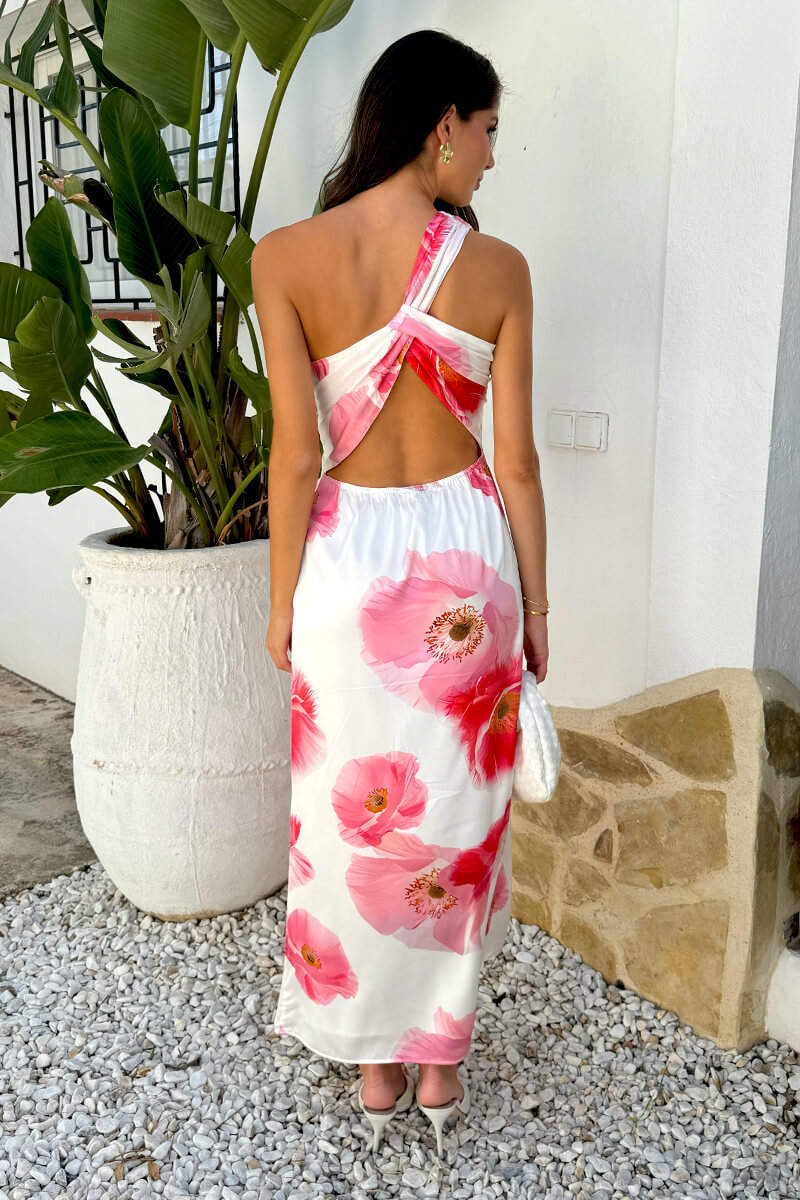 Cream And Pink Floral Print One Shoulder Open Back Twist Detail Midi Dress - Image 5