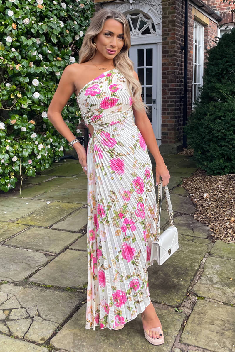 Cream and Pink Floral Print One Shoulder Pleated Satin Midi Dress - Image 2