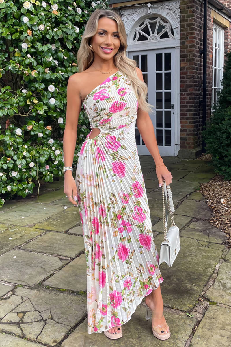 Cream and Pink Floral Print One Shoulder Pleated Satin Midi Dress - Image 3