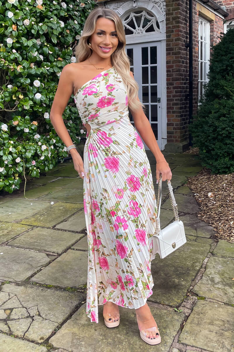 Cream and Pink Floral Print One Shoulder Pleated Satin Midi Dress - Image 4