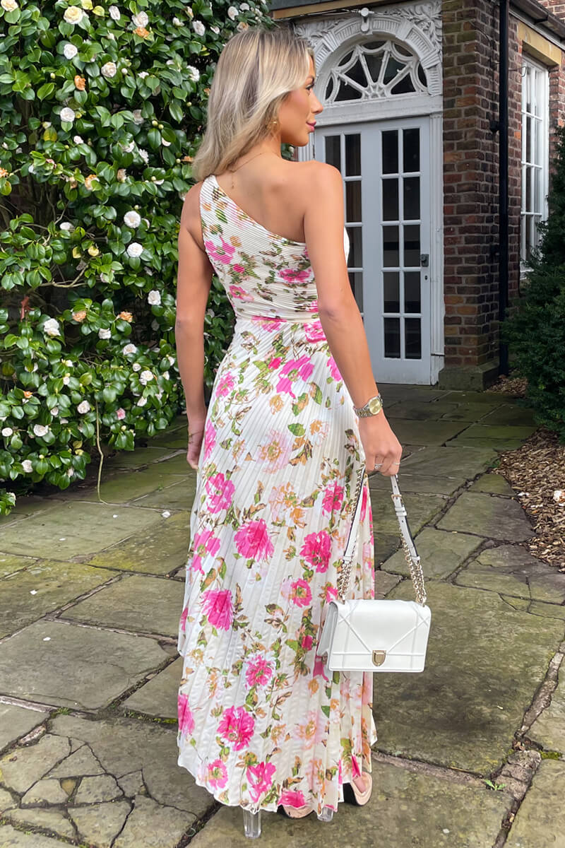 Cream and Pink Floral Print One Shoulder Pleated Satin Midi Dress - Image 5