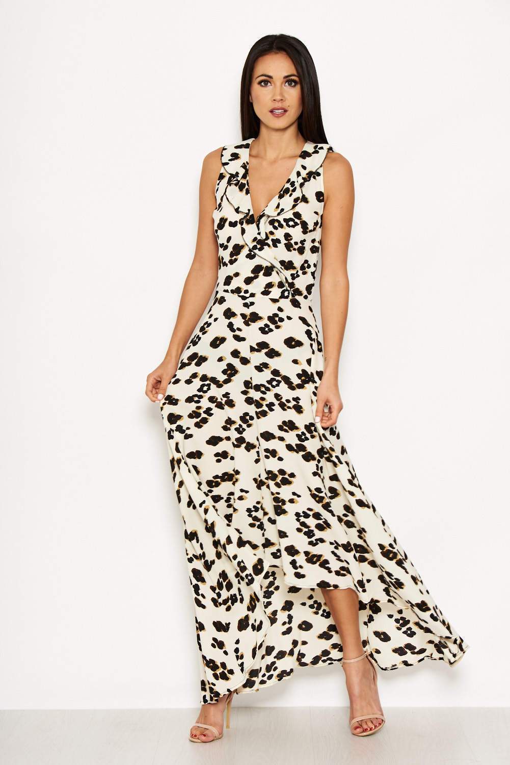 Cream Animal Print Asymmetrical Frill Dress - Image 2