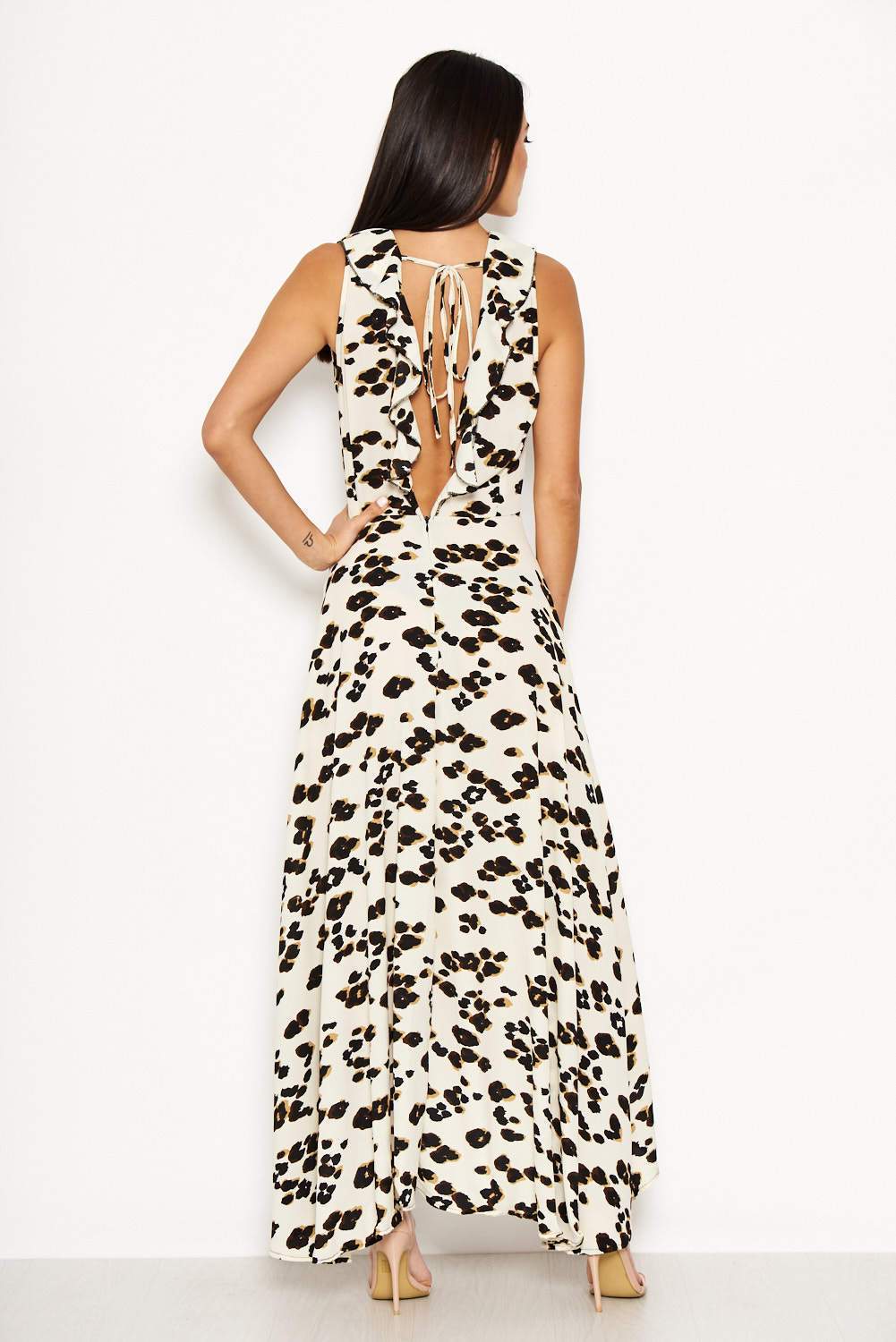 Cream Animal Print Asymmetrical Frill Dress - Image 3