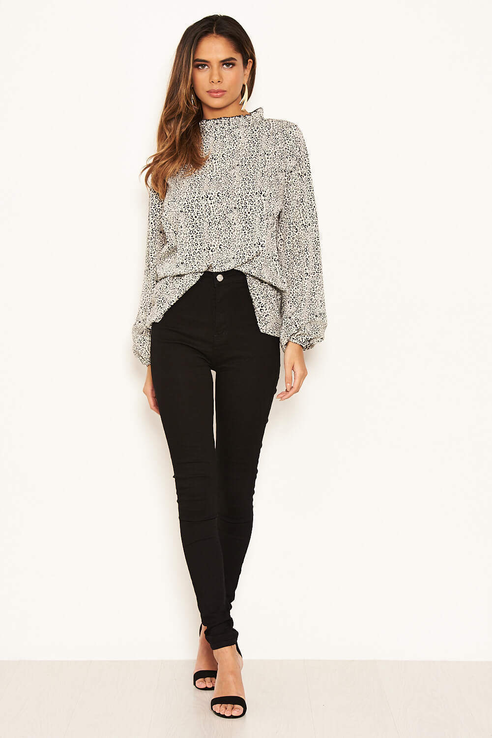 Cream Animal Print Ruffle High Neck Top - Image 3