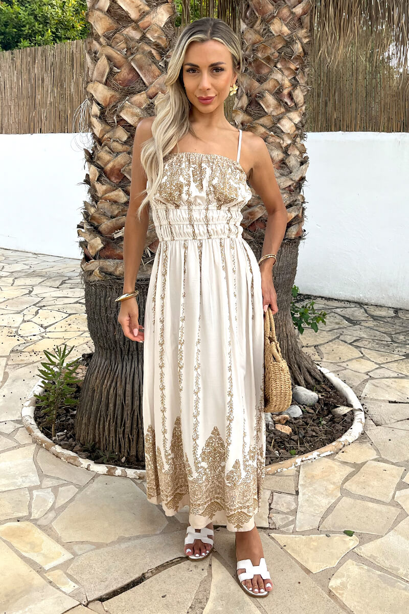 Cream Boho Vine Print Strappy Shirred Waist Midi Dress