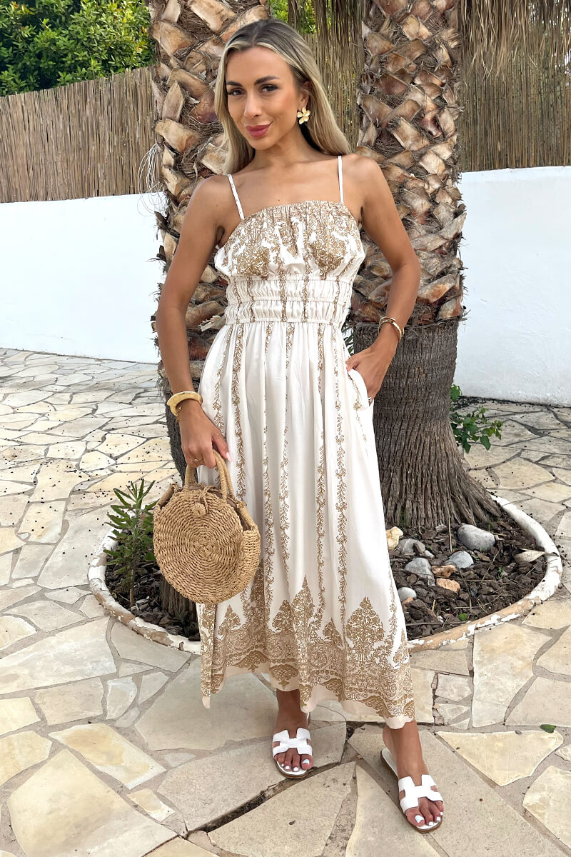 Cream Boho Vine Print Strappy Shirred Waist Midi Dress - Image 2